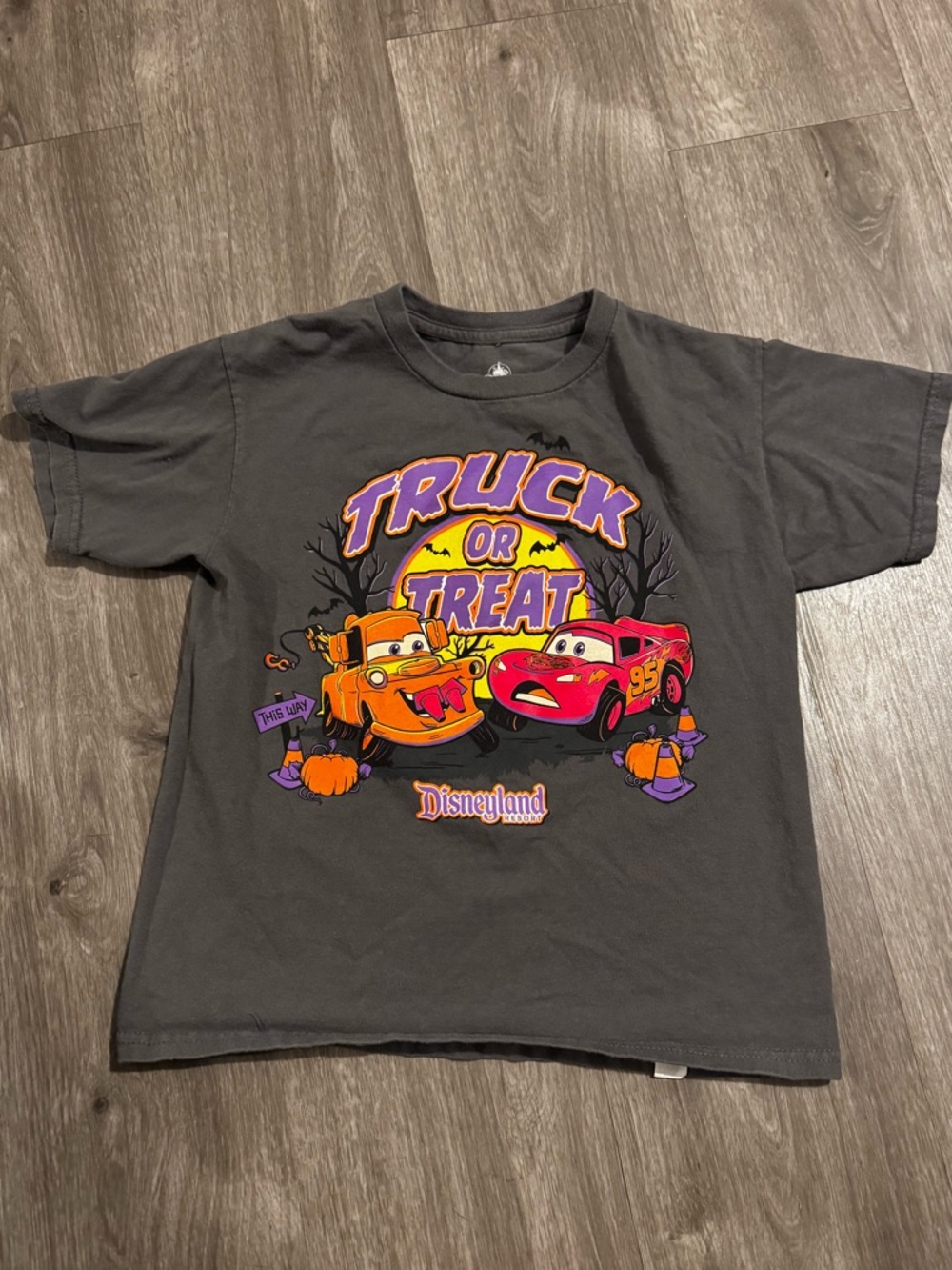 Disney Charcoal Tee with Purple and Orange Racing Graphic